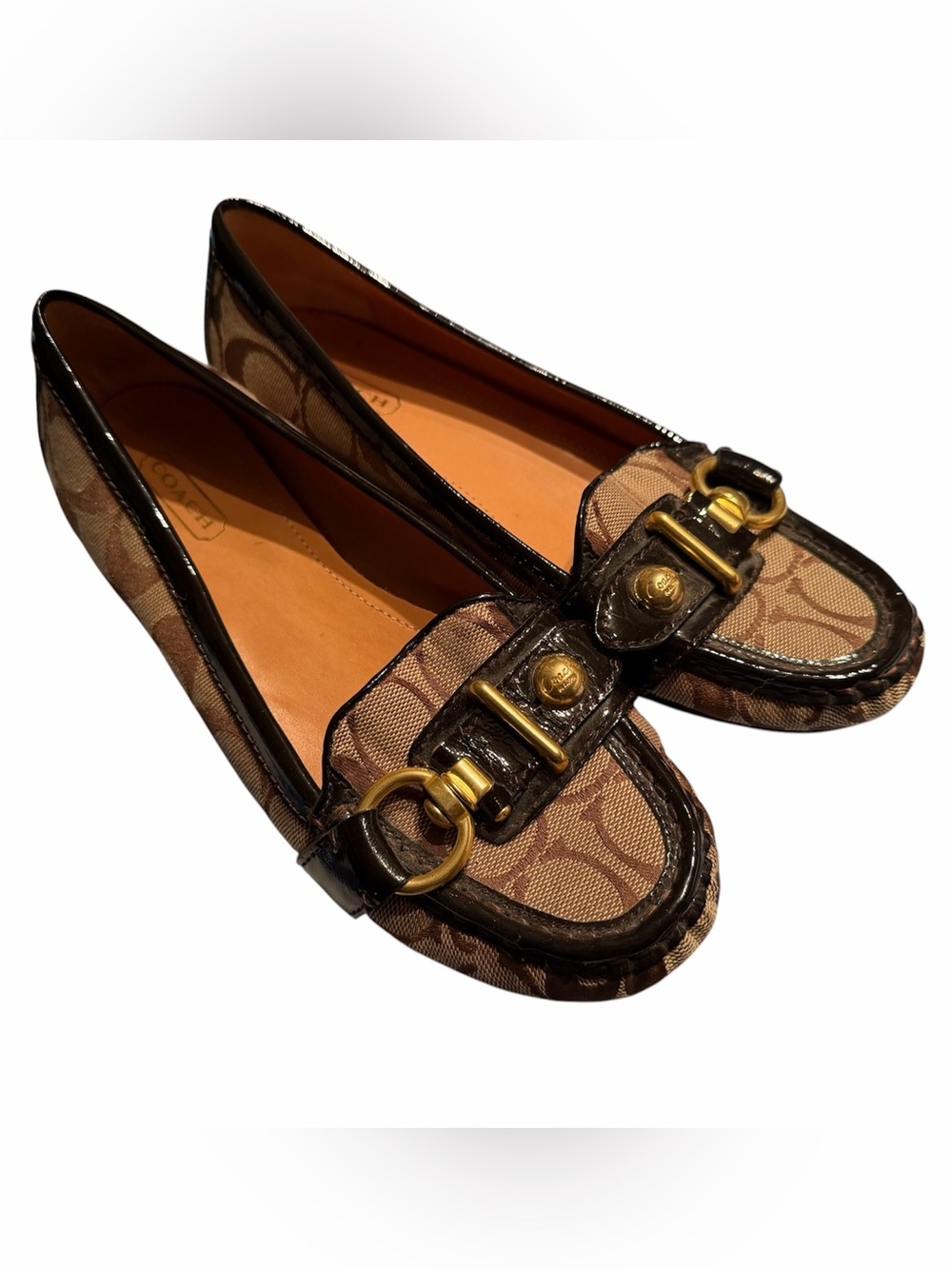 Y2K Vintage Coach Brown Monogram Loafers with Gold Hardware size 6.5